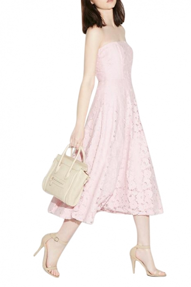 Pearl Pink Strapless Tea Length Cute Crochet Dress - Beautifulhalo.com