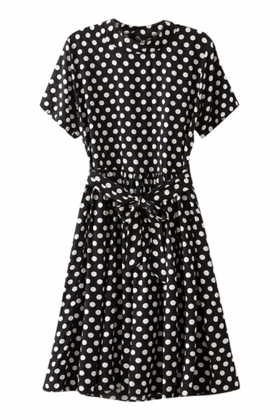 Polka Dot Stand Up Collar Short Sleeve Belted Dress - Beautifulhalo.com