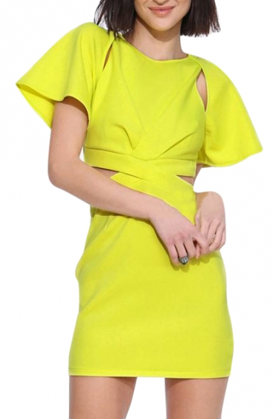 Short Flare Sleeve Shoulder&Waist Cutout Unique Yellow Slim Dress