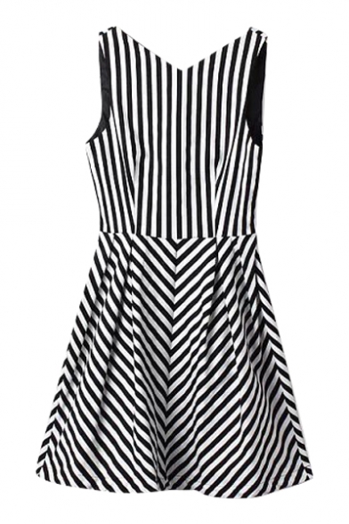 V-Neck Sleeveless Vertical&Inclineed Stripe Pattern Dress