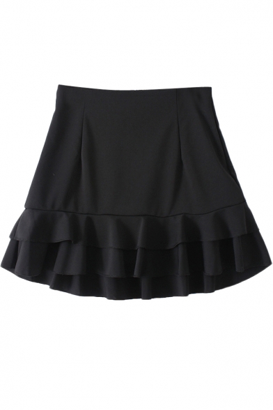 Black High Waist Tiered Ruffle Hem A-line Mini Skirt - Beautifulhalo.com