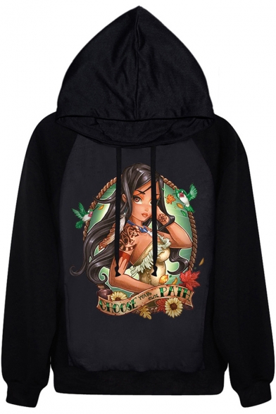 Punk Girl Print Hooded Pullover with Drawstring
