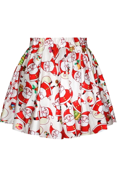 White Christmas Theme Print Pleated Mini Skirt