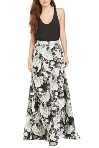 Black Background White Floral Print Max Skirt