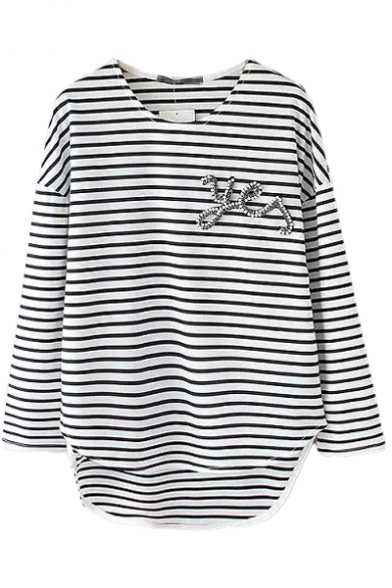 Black&White Stripe Print High-Low Beaded T-Shirt