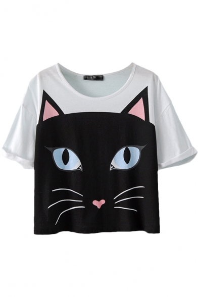 Cat Face Print Round Neck Short Sleeve Crop T-Shirt