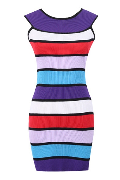Color Block Stripe Print Round Neck Sleeveless Dress