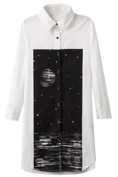 Lapel Midi Long Sleeve Abstract Night Sky Print Shirt