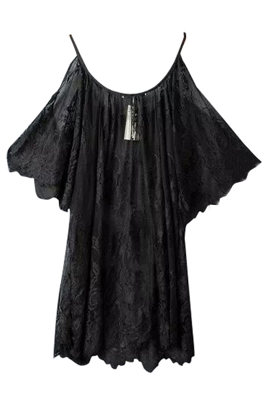 Plain Lace Strap Open Shoulder Short Sleeve Sheer Dress - Beautifulhalo.com