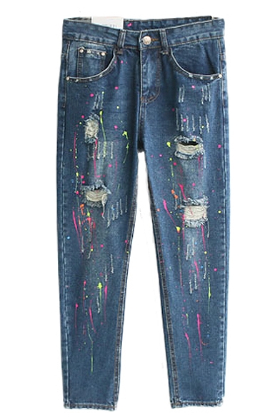 Ripped Knee Distressed Painting Low Rise Jeans