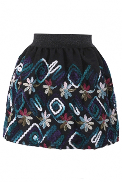 Sweet Embroidered Pattern Wool Mini Skirt with Elastic Waist