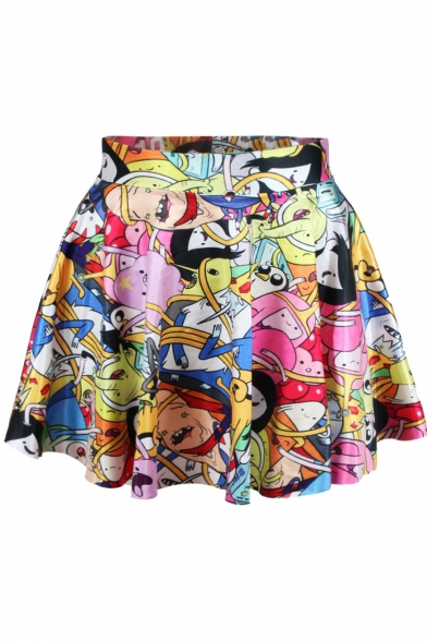 Adventure Time Theme Print Pleated Mini Skirt