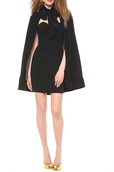 Black Sweetheart Neck Mini Dress with Bow Tie Neck Cape Cover