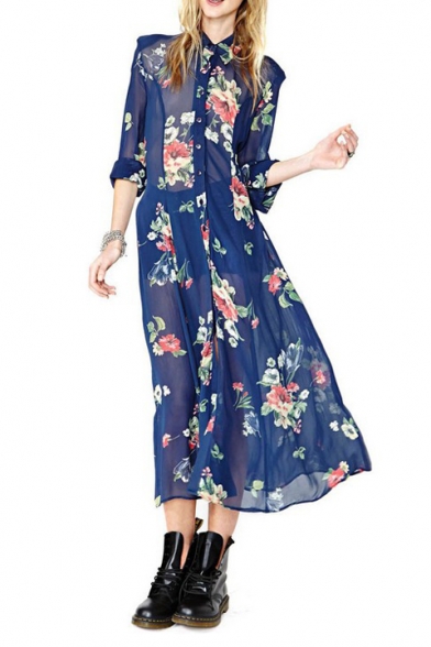 Dark Blue Vintage Flower Print Button Fly Sheer Longline Chiffon Dress