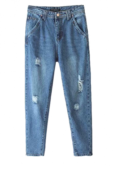 Fashionable Worn-out Style Water Wash Denim Pants