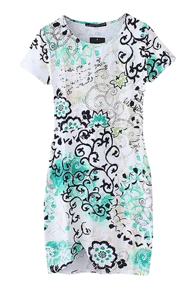 Floral Graffiti Round Neck Bodycon Dress with Short Sleeve