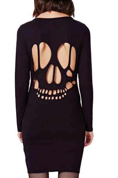 Laser Skull Cutout Back Unique Funk Style Black Dress - Beautifulhalo.com