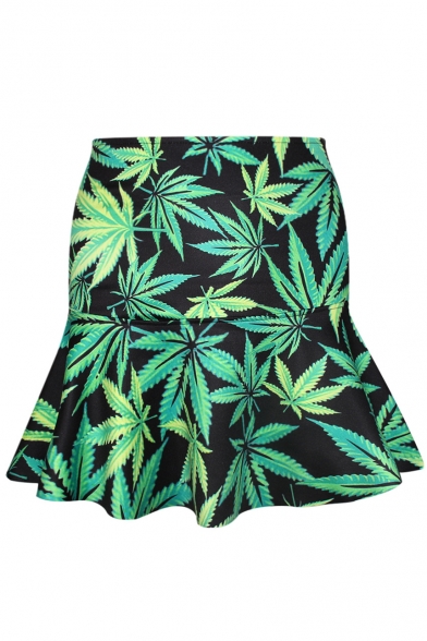 Marijuana Print Green A-line Skirt