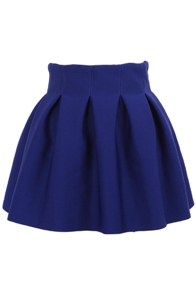 Plain Pleated Cotton Mini Skirt with Elastic Waist