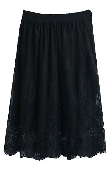 Sexy Plain Lace Inserted Midi Skirt with Elastic Waist