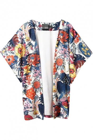 Short Sleeve White Background Vintage Flower Print Kimono