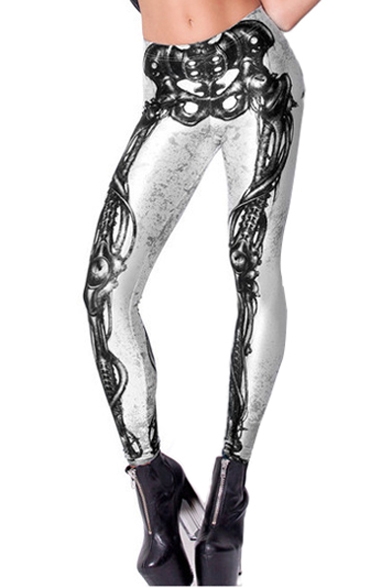 Skeleton Print White Background Elastic Pencil Leggings