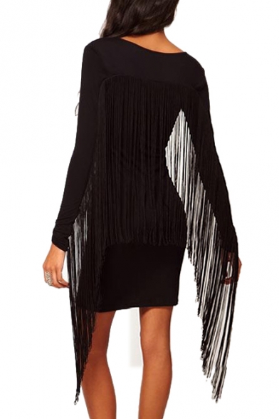 Sleeve&Back Tassel Embellished Black Sheath Mini Dress - Beautifulhalo.com