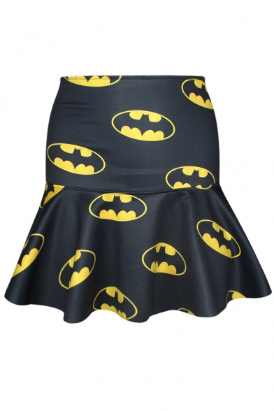 Yellow Smiling Mouth Print Black A-line Skirt