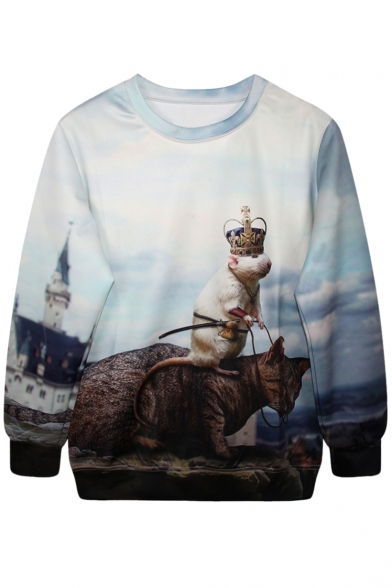 3D Crowned Mouse Riding Cat Print Sweatshirt