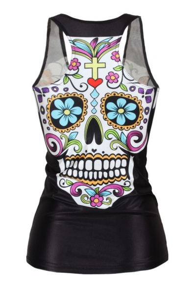 Women's Fashion Skull Flower Death Top Sleeveless T-shirt