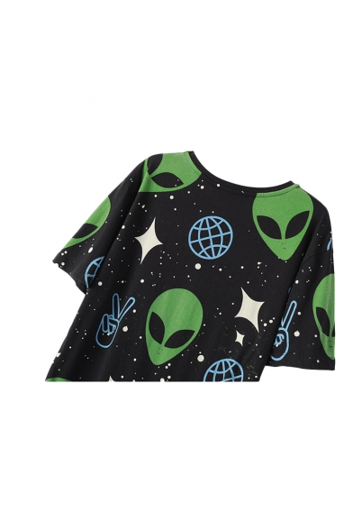 Alien Star Print Round Neck Short Sleeve Tunic T-Shirt - Beautifulhalo.com