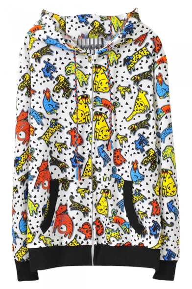 Colorful Little Monster Print White Zipper Fly Hooded Crop Coat