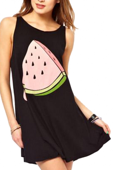 Cute Summer Watermelon Print Black Tank Dress