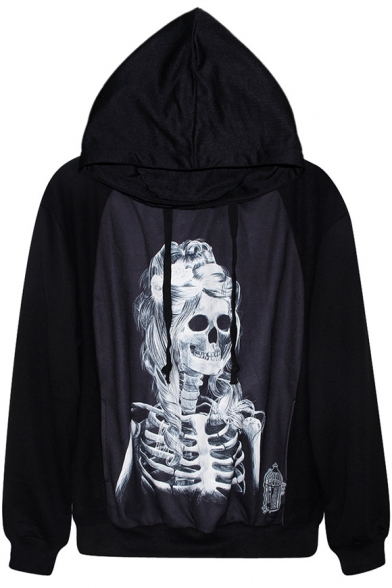 Female Skull Print Stylish Hooded Pullover with Drawstring