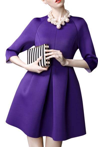 Seam Detail Elegant Plain 3/4 Sleeve Modern Style A-line Dress