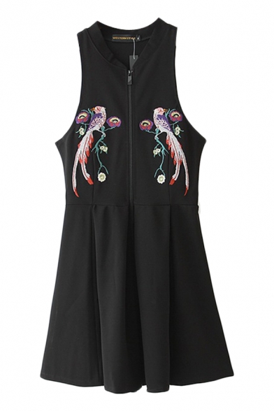 Black Collared Sleeveless Zipper Front Bird Embroidered Dress
