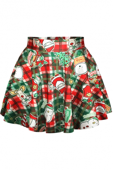 Christmas Plaid Print High Waist Pleated Mini Skirt