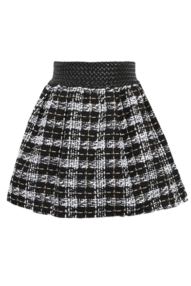 Plaid Wool A-Line Mini Skirt with Leather Waist