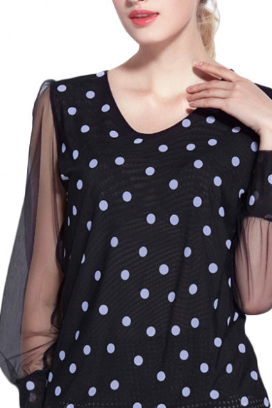 Polka Dot Print Round Neck Sheer Loose Sleeve Blouse 9089