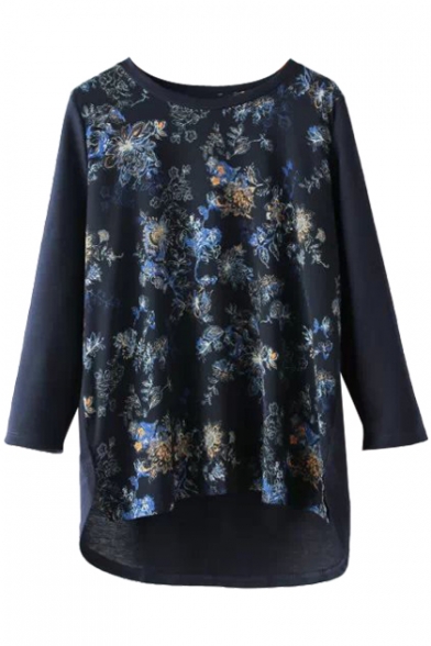 Round Neck Dark Blue Background Floral Print Long Sleeve T-Shirt