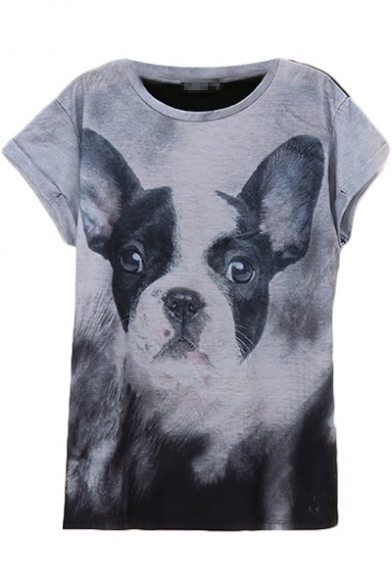 Round Neck Fashionable Doggy Print Blue T-Shirt