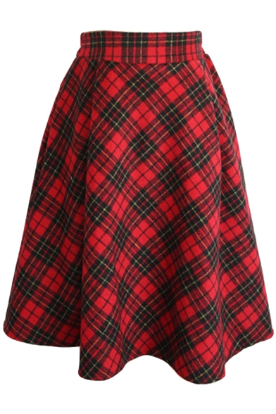 Simple Vintage Plaid A-Line Midi Skirt