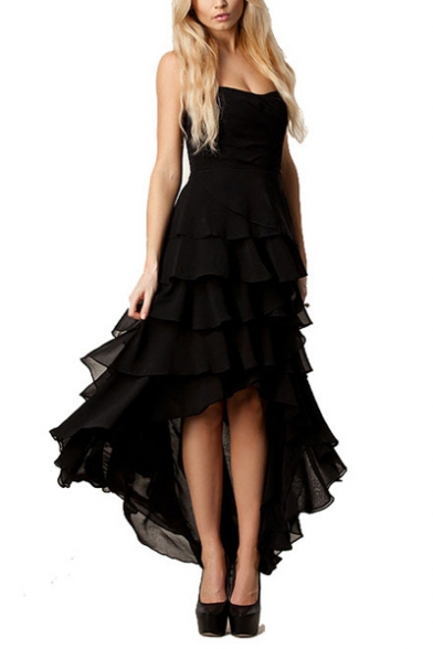 Sweetheart Neck Asymmetric Hem Tiered Ruffle Black Chiffon Dress