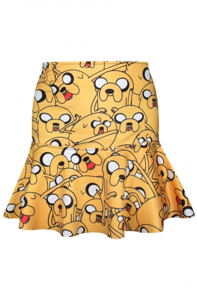 All Over Cartoon Character Print Yellow A-line Skirt