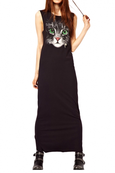 Black Background Cute Kitty Face Print Maxi Sleeveless Dress