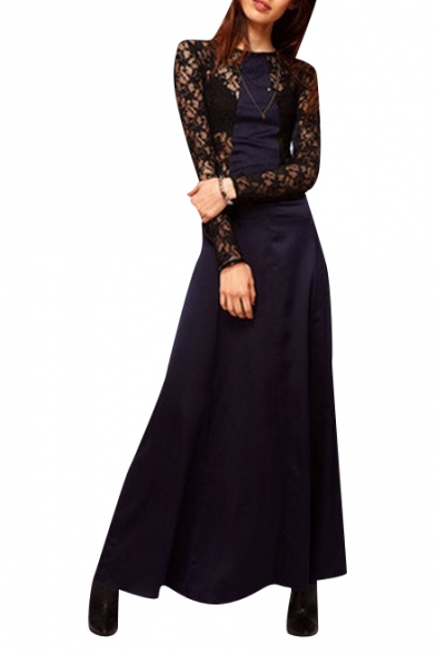 Black Lace Blue Satin Panel Style Longline Dress