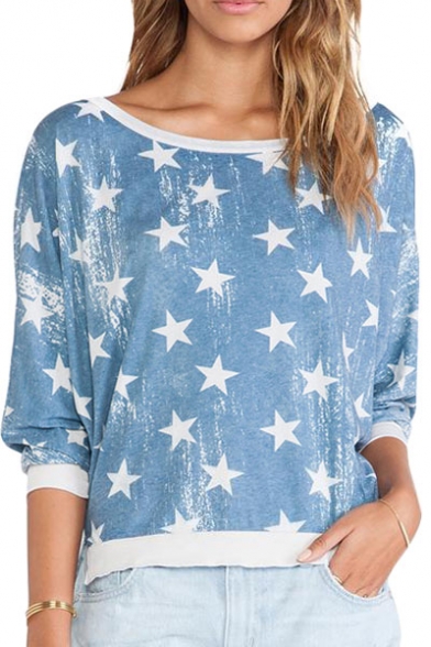 round neck loose fitting star long sleeve t shirts