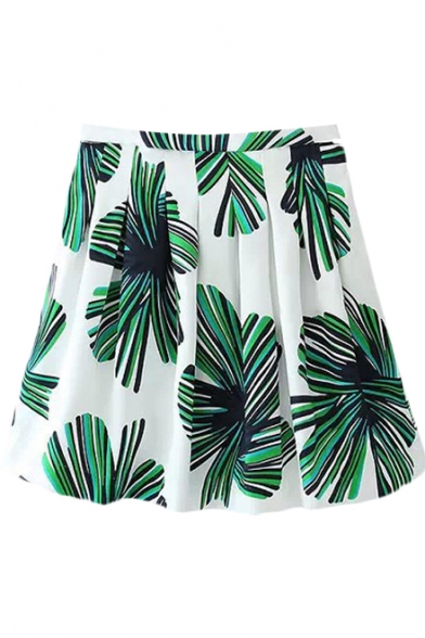 Green Leaf Print High Waist Pleated Zipper Fly Skirt - Beautifulhalo.com