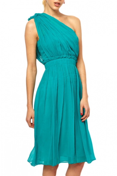 One Shudder Style Ruched Detail Tiered Chiffon Green A-line Dress