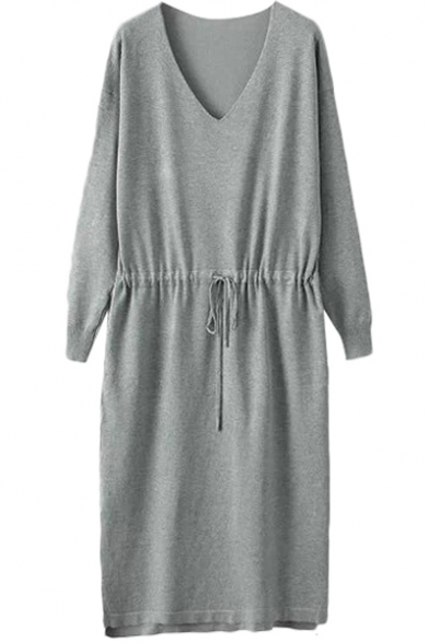 Plain V-Neck Waist Drawstring Knitted Dress